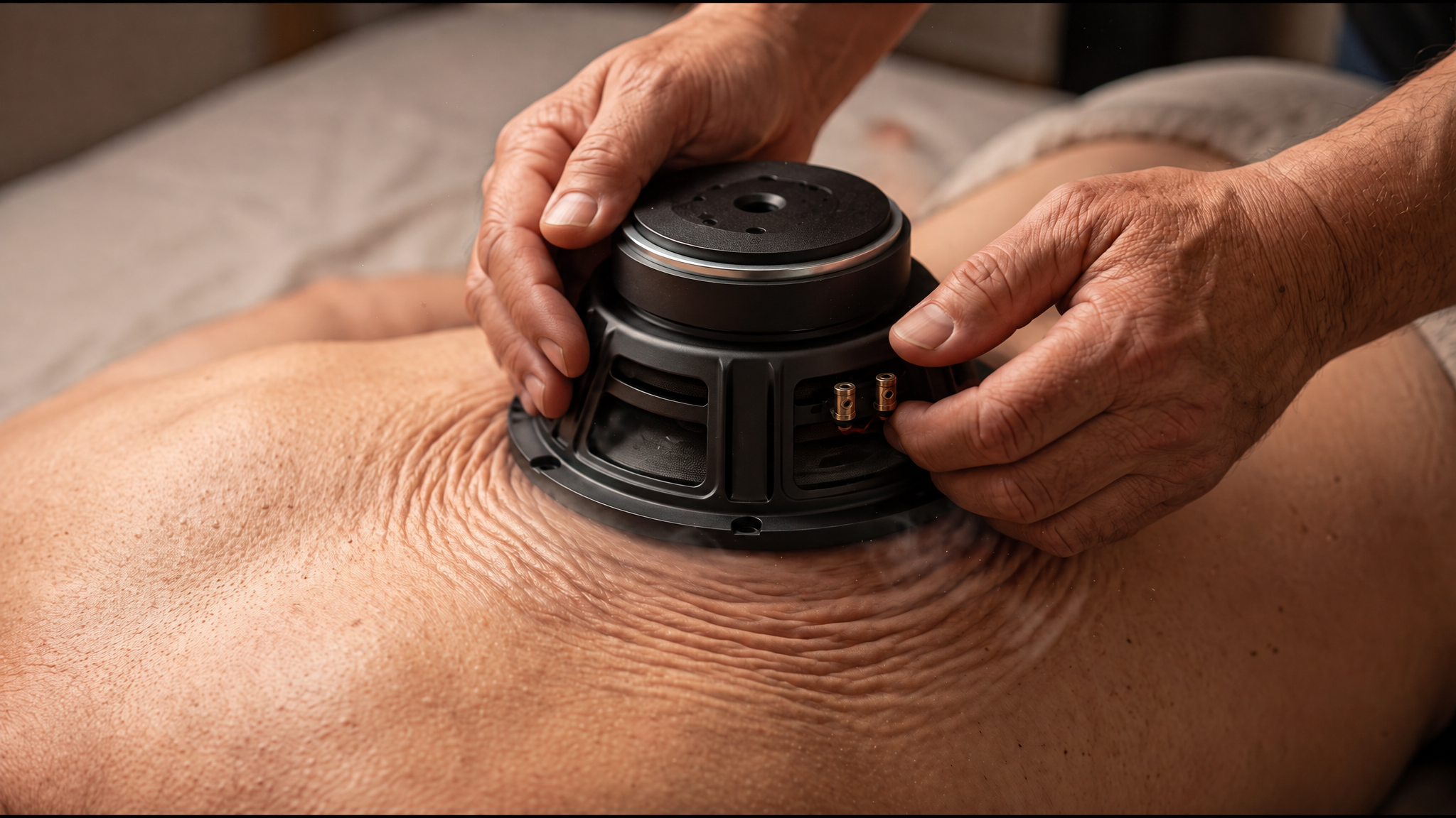 A sub-woofer pressed against a bare back in a treatment room